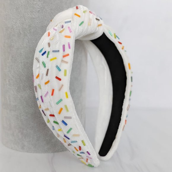 Ivory Confetti Beaded Knot Velvet Headband Rainbow Beads Handmade Knotted Turban main image 8